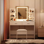 Toeletta Bianca con Specchio LED e Sgabello, Illuminazione a 3 Colori, 1 Persona