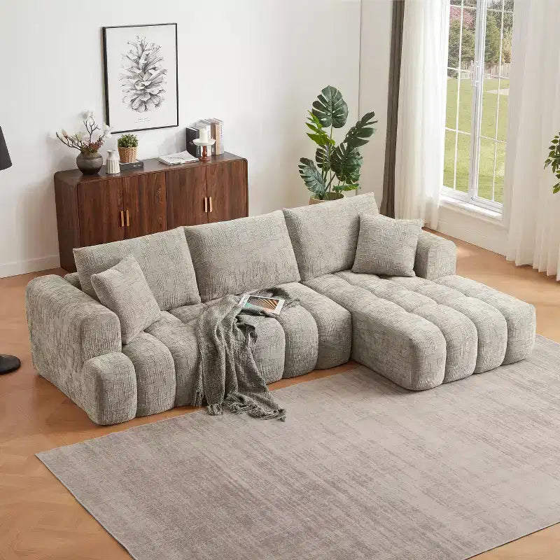 Divano sezionale a L in ciniglia grigia con chaise longue, 3 posti