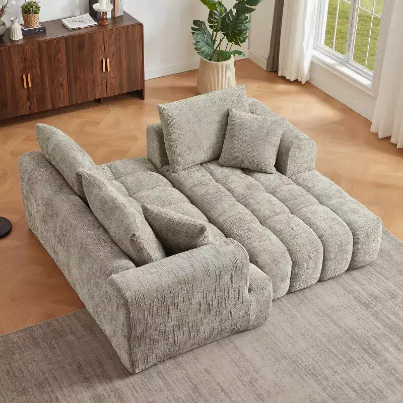 Divano sezionale a L in ciniglia grigia con chaise longue, 3 posti