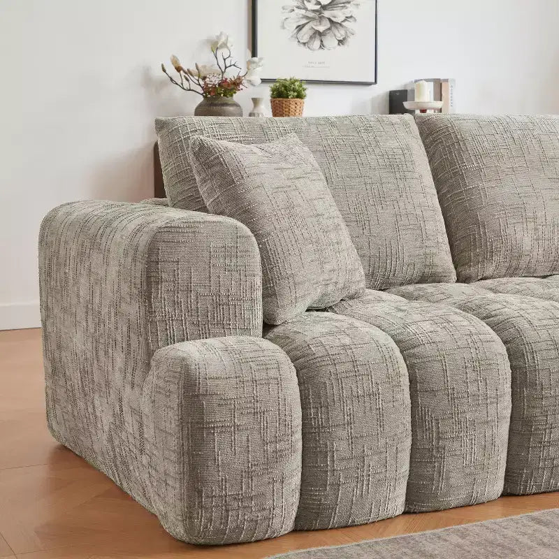 Divano sezionale a L in ciniglia grigia con chaise longue, 3 posti