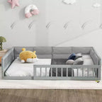 Letto a grandezza naturale per bambini con recinzione, base in legno con cuscino imbottito