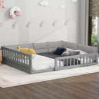 Letto a grandezza naturale per bambini con recinzione, base in legno con cuscino imbottito