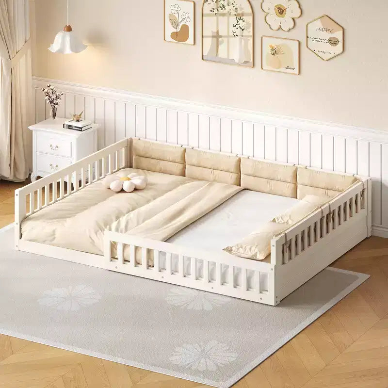 Letto a grandezza naturale per bambini con recinzione, base in legno con cuscino imbottito