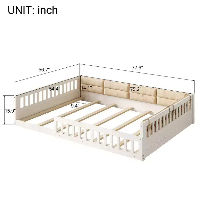 Letto a grandezza naturale per bambini con recinzione, base in legno con cuscino imbottito