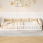 Letto a grandezza naturale per bambini con recinzione, base in legno con cuscino imbottito