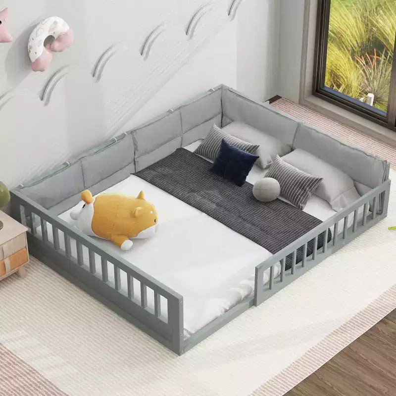 Letto a grandezza naturale per bambini con recinzione, base in legno con cuscino imbottito