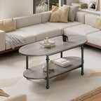 Farmhouse Oval Coffee Table w/Storage, 2-Tier Wood Center Table for Living Room, Modern Coffee Table for Small Space, Office, Apartment