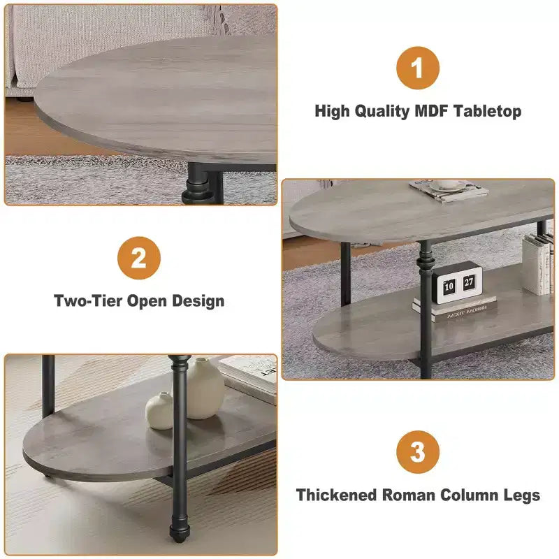 Tavolino ovale grigio/marrone con 2 ripiani e base a 4 gambe