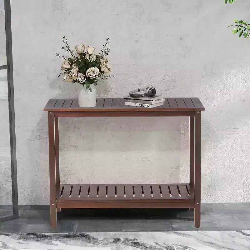 Console in legno di acacia marrone con ripiano inferiore, rettangolare, montaggio da 1 persona