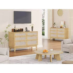 Comò in rattan a 6 cassetti con presa di corrente, colore legno scuro e legno, stile boho, 1 persona