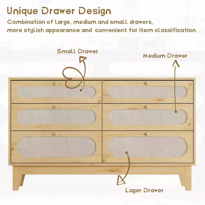 Comò in rattan a 6 cassetti con presa di corrente, colore legno scuro e legno, stile boho, 1 persona