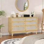 Comò in rattan a 6 cassetti con presa di corrente, colore legno scuro e legno, stile boho, 1 persona