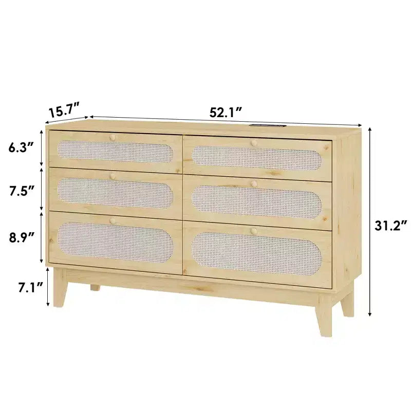 Comò in rattan a 6 cassetti con presa di corrente, colore legno scuro e legno, stile boho, 1 persona