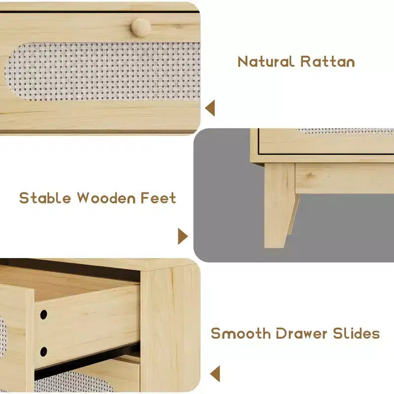 Comò in rattan a 6 cassetti con presa di corrente, colore legno scuro e legno, stile boho, 1 persona