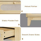 Comò in rattan a 6 cassetti con presa di corrente, colore legno scuro e legno, stile boho, 1 persona