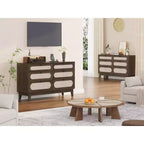 Comò in rattan a 6 cassetti con presa di corrente, colore legno scuro e legno, stile boho, 1 persona