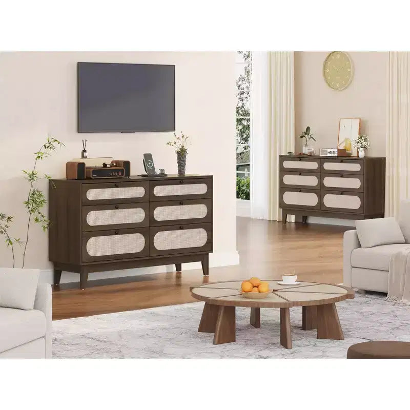 Comò in rattan a 6 cassetti con presa di corrente, colore legno scuro e legno, stile boho, 1 persona
