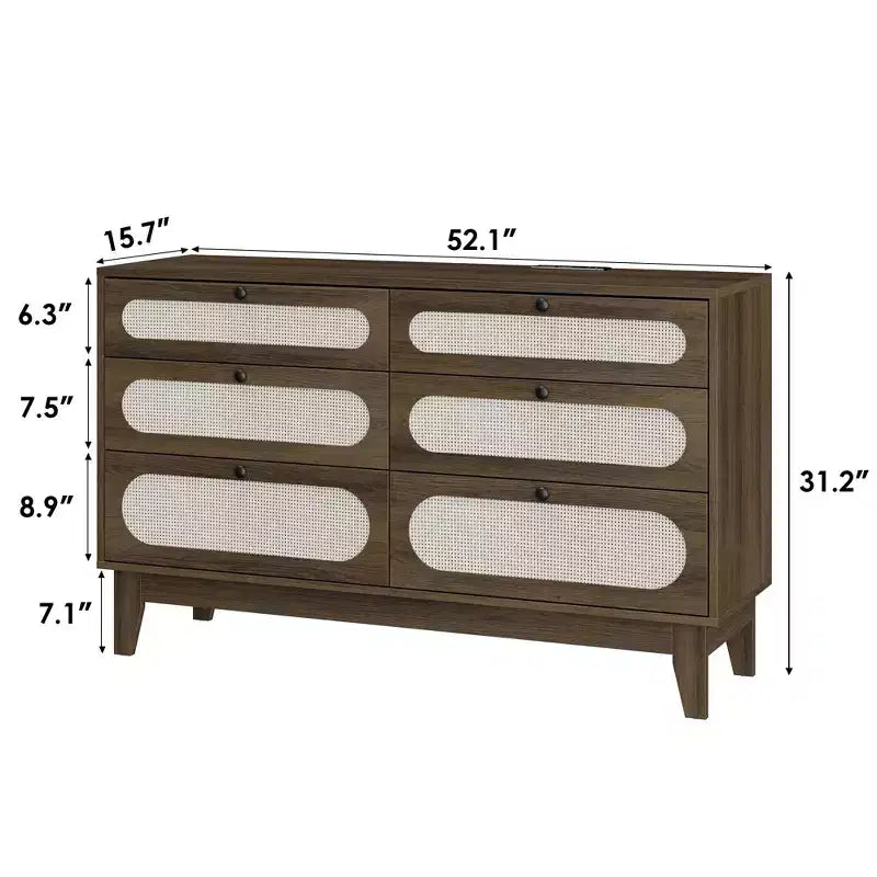 Comò in rattan a 6 cassetti con presa di corrente, colore legno scuro e legno, stile boho, 1 persona