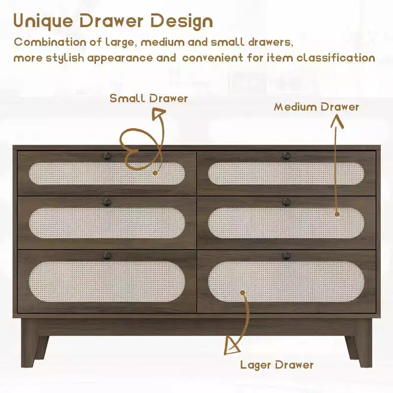 Comò in rattan a 6 cassetti con presa di corrente, colore legno scuro e legno, stile boho, 1 persona
