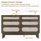 Comò in rattan a 6 cassetti con presa di corrente, colore legno scuro e legno, stile boho, 1 persona