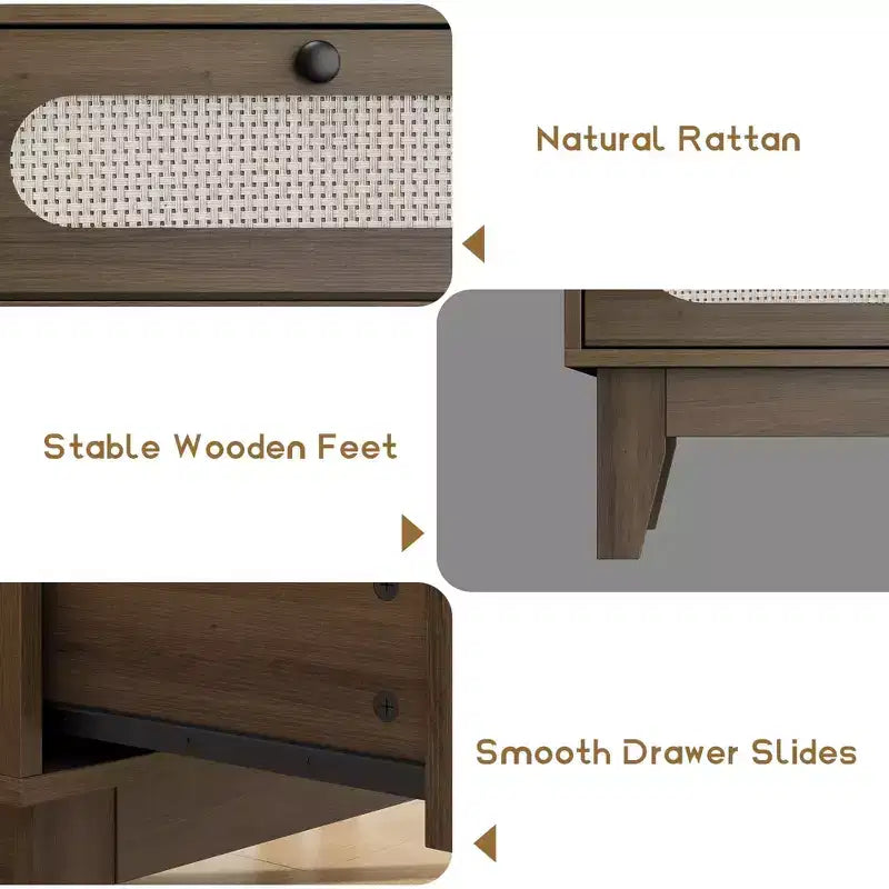 Comò in rattan a 6 cassetti con presa di corrente, colore legno scuro e legno, stile boho, 1 persona