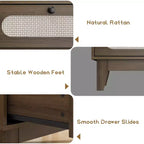Comò in rattan a 6 cassetti con presa di corrente, colore legno scuro e legno, stile boho, 1 persona