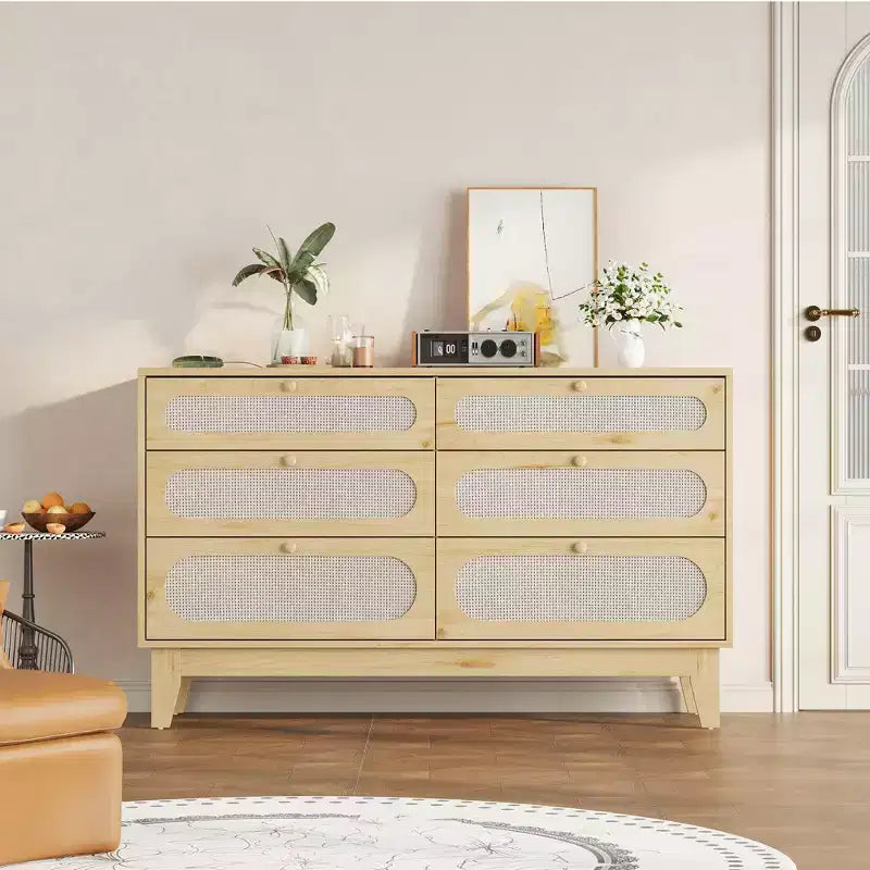 Comò in rattan a 6 cassetti con presa di corrente, colore legno scuro e legno, stile boho, 1 persona
