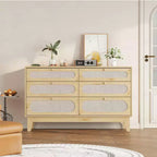Comò in rattan a 6 cassetti con presa di corrente, colore legno scuro e legno, stile boho, 1 persona