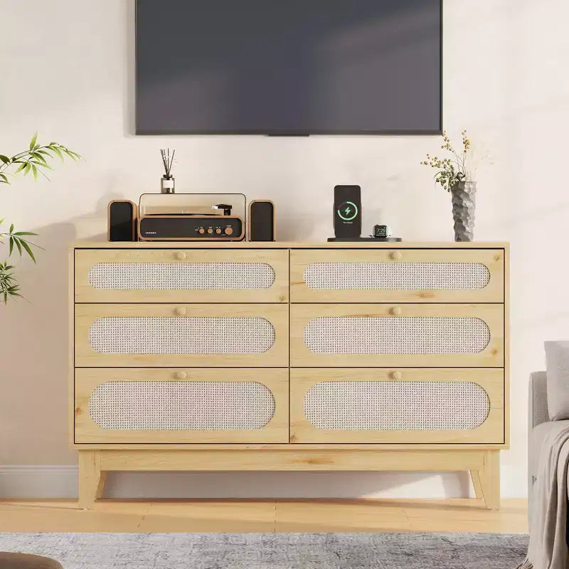 Comò in rattan a 6 cassetti con presa di corrente, colore legno scuro e legno, stile boho, 1 persona