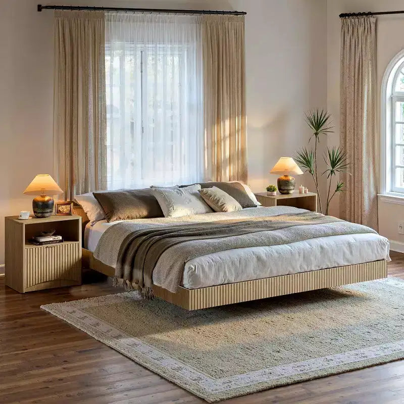 Comodino scanalato in rovere naturale con cassetto e ripiano aperto, 1 pezzo / 2 pezzi