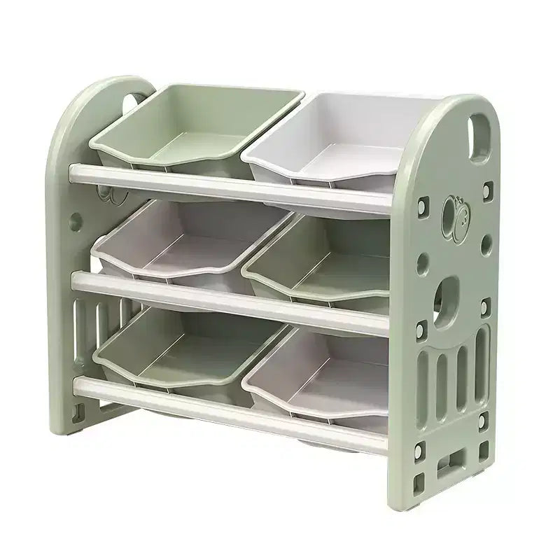 Organizzatore Portagiochi per Bambini, Scaffale a 3 Ripiani con 6 Contenitori – Grigio / Verde / Rosa / Giallo