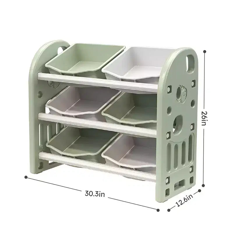 Organizzatore Portagiochi per Bambini, Scaffale a 3 Ripiani con 6 Contenitori – Grigio / Verde / Rosa / Giallo