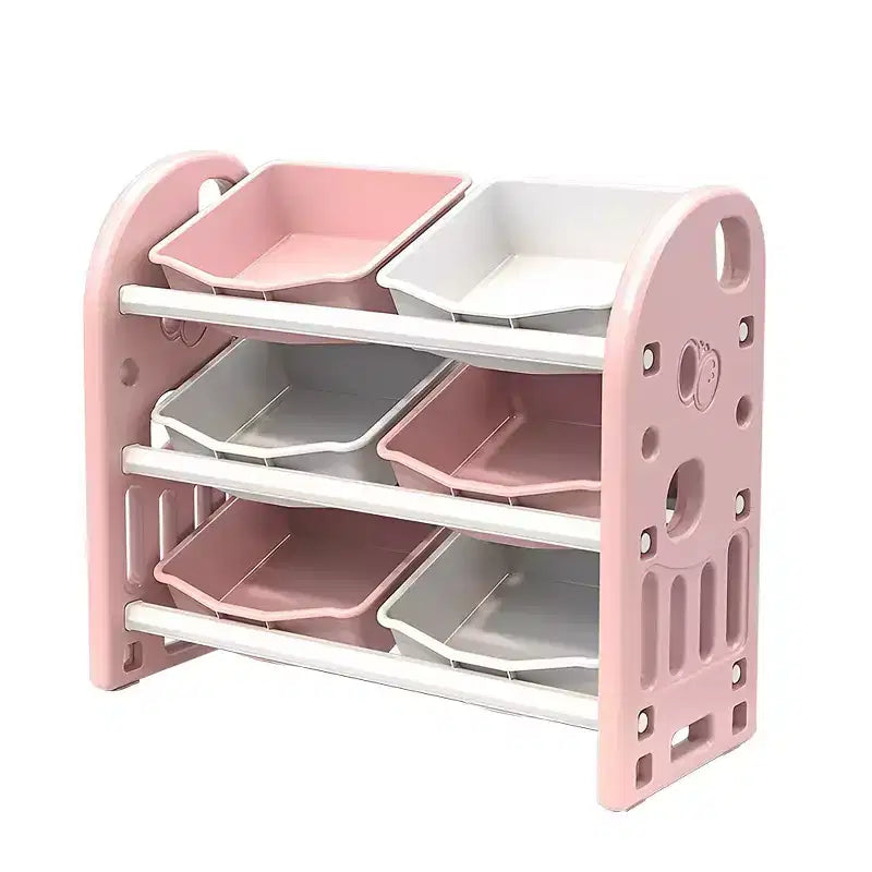 Organizzatore Portagiochi per Bambini, Scaffale a 3 Ripiani con 6 Contenitori – Grigio / Verde / Rosa / Giallo