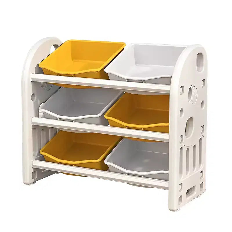 Organizzatore Portagiochi per Bambini, Scaffale a 3 Ripiani con 6 Contenitori – Grigio / Verde / Rosa / Giallo