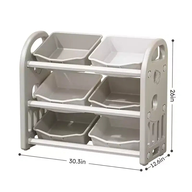 Organizzatore Portagiochi per Bambini, Scaffale a 3 Ripiani con 6 Contenitori – Grigio / Verde / Rosa / Giallo