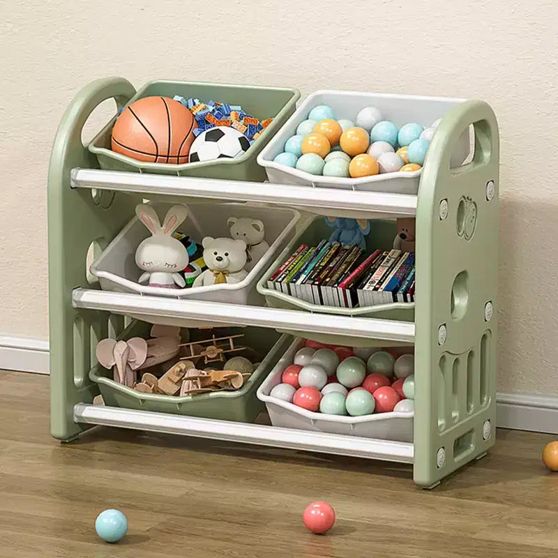 Organizzatore Portagiochi per Bambini, Scaffale a 3 Ripiani con 6 Contenitori – Grigio / Verde / Rosa / Giallo