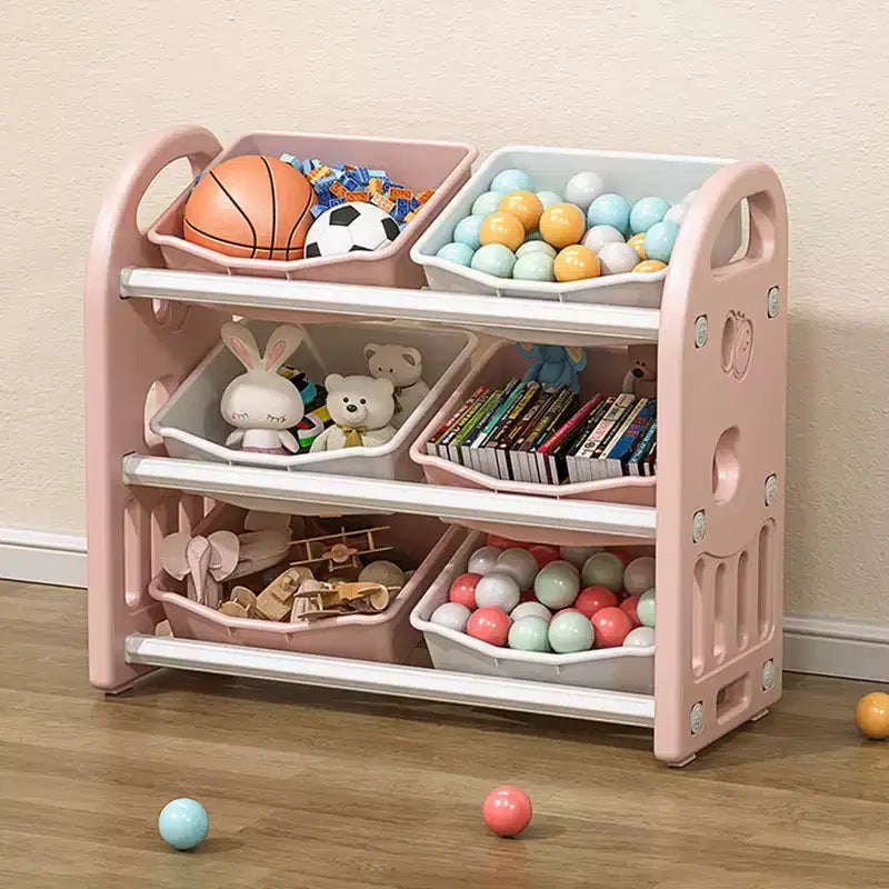 Organizzatore Portagiochi per Bambini, Scaffale a 3 Ripiani con 6 Contenitori – Grigio / Verde / Rosa / Giallo