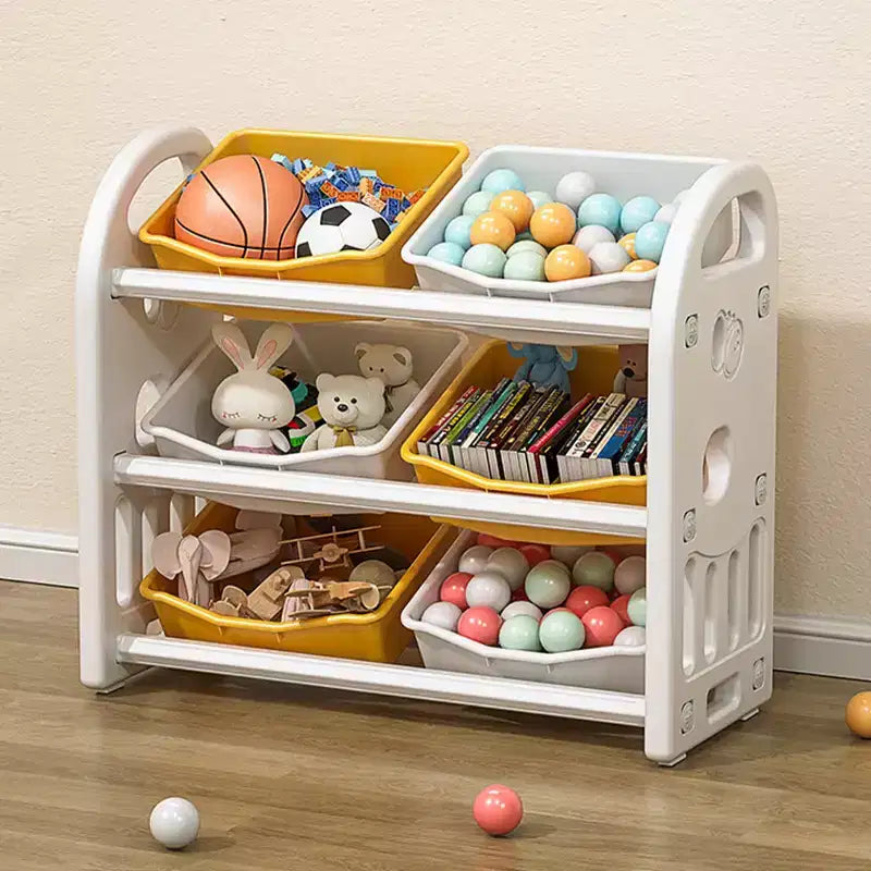Organizzatore Portagiochi per Bambini, Scaffale a 3 Ripiani con 6 Contenitori – Grigio / Verde / Rosa / Giallo