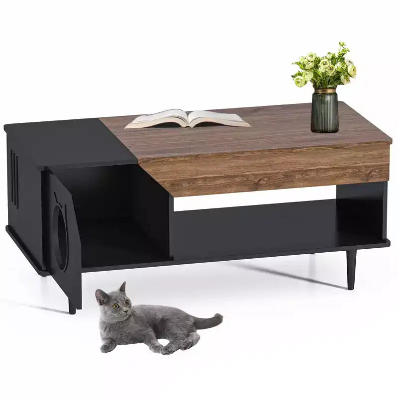 Tavolino Rustico Nero con Lettiera Nascosta per 1 Gatto