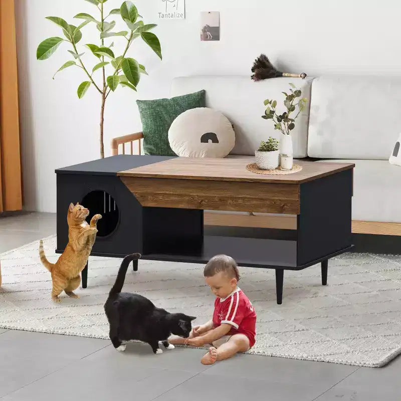 Tavolino Rustico Nero con Lettiera Nascosta per 1 Gatto