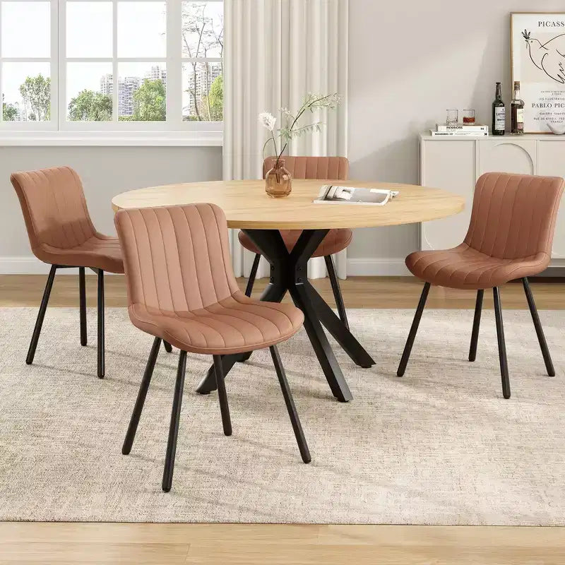 Tavolo da pranzo rotondo per 4-6 persone, nero / naturale / noce, gambe a croce in metallo