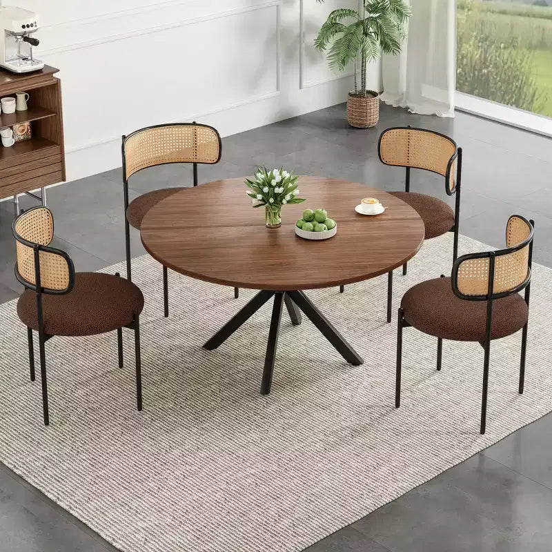 Tavolo da pranzo rotondo per 4-6 persone, nero / naturale / noce, gambe a croce in metallo