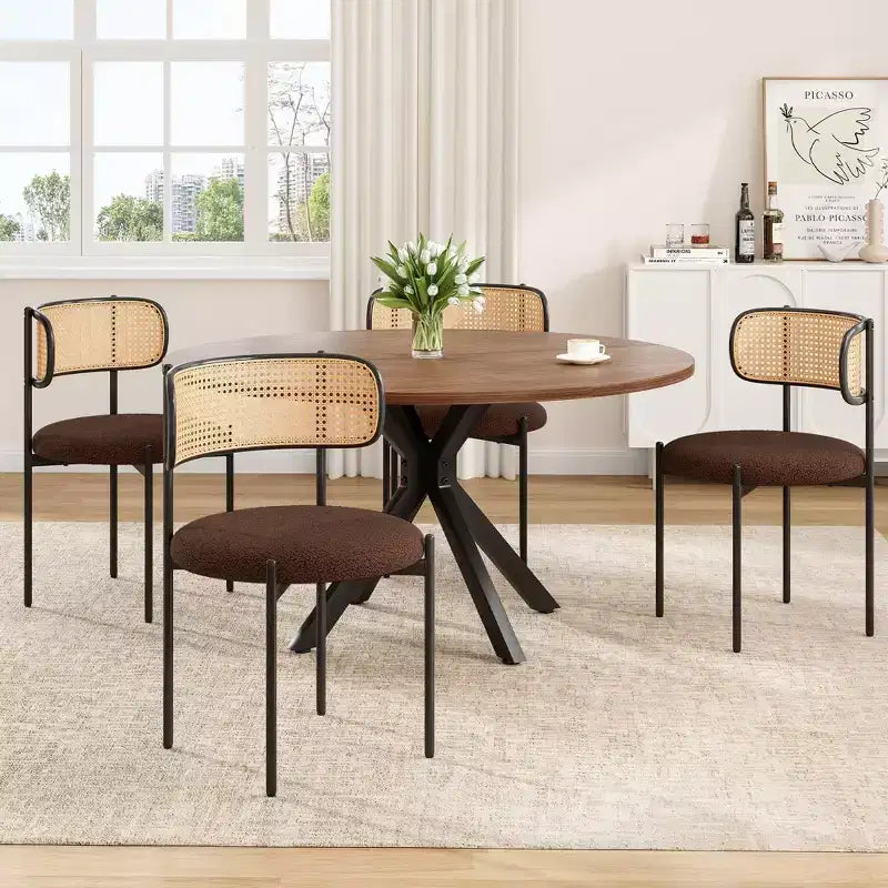 Tavolo da pranzo rotondo per 4-6 persone, nero / naturale / noce, gambe a croce in metallo