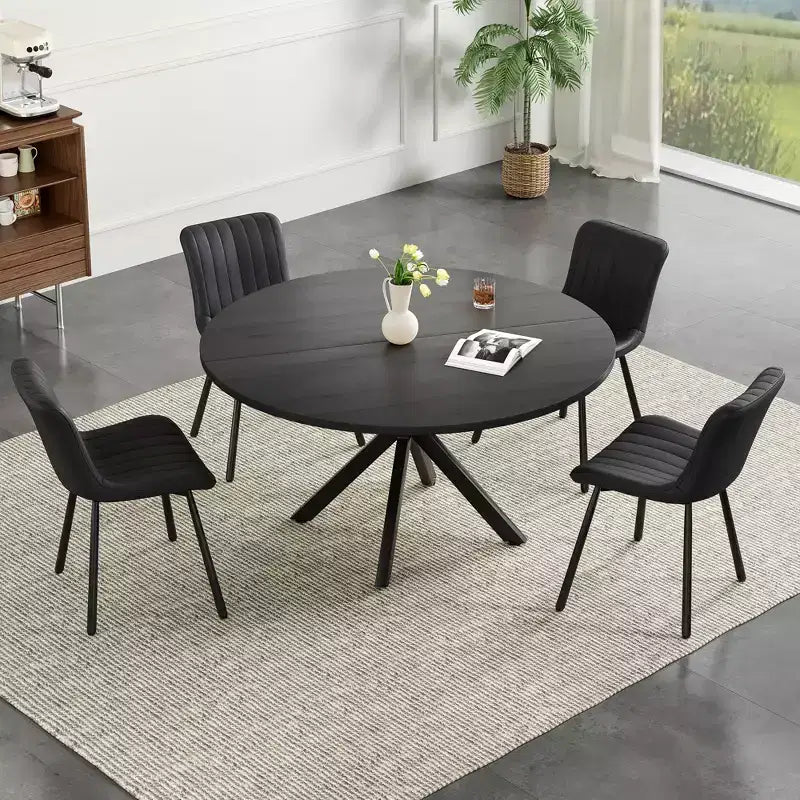 Tavolo da pranzo rotondo per 4-6 persone, nero / naturale / noce, gambe a croce in metallo