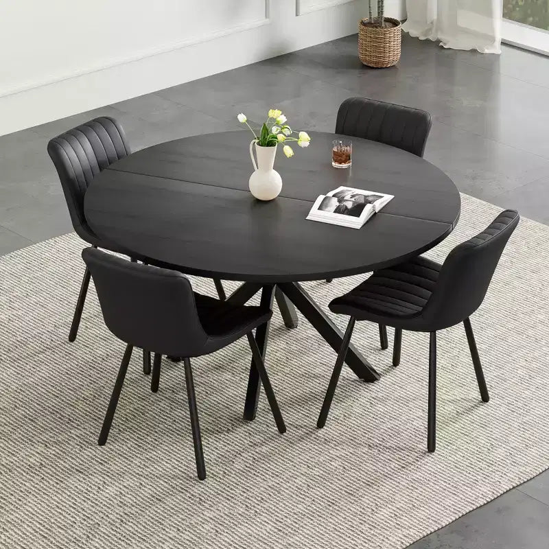 Tavolo da pranzo rotondo per 4-6 persone, nero / naturale / noce, gambe a croce in metallo