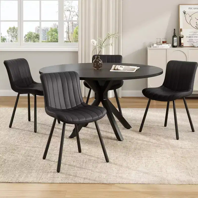 Tavolo da pranzo rotondo per 4-6 persone, nero / naturale / noce, gambe a croce in metallo