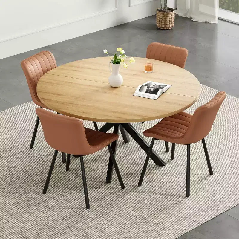 Tavolo da pranzo rotondo per 4-6 persone, nero / naturale / noce, gambe a croce in metallo