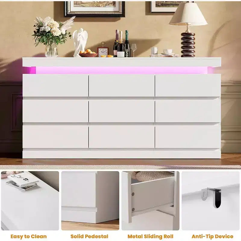 Cassettiera moderna 63" in bianco e nero a 9 cassetti con luci LED e stazione di ricarica