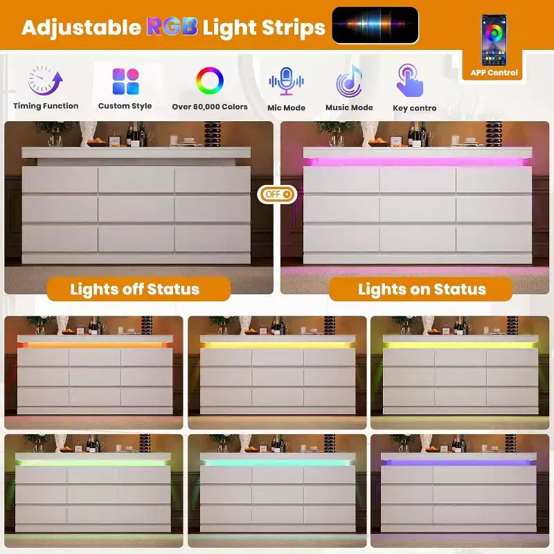 Cassettiera moderna 63" in bianco e nero a 9 cassetti con luci LED e stazione di ricarica