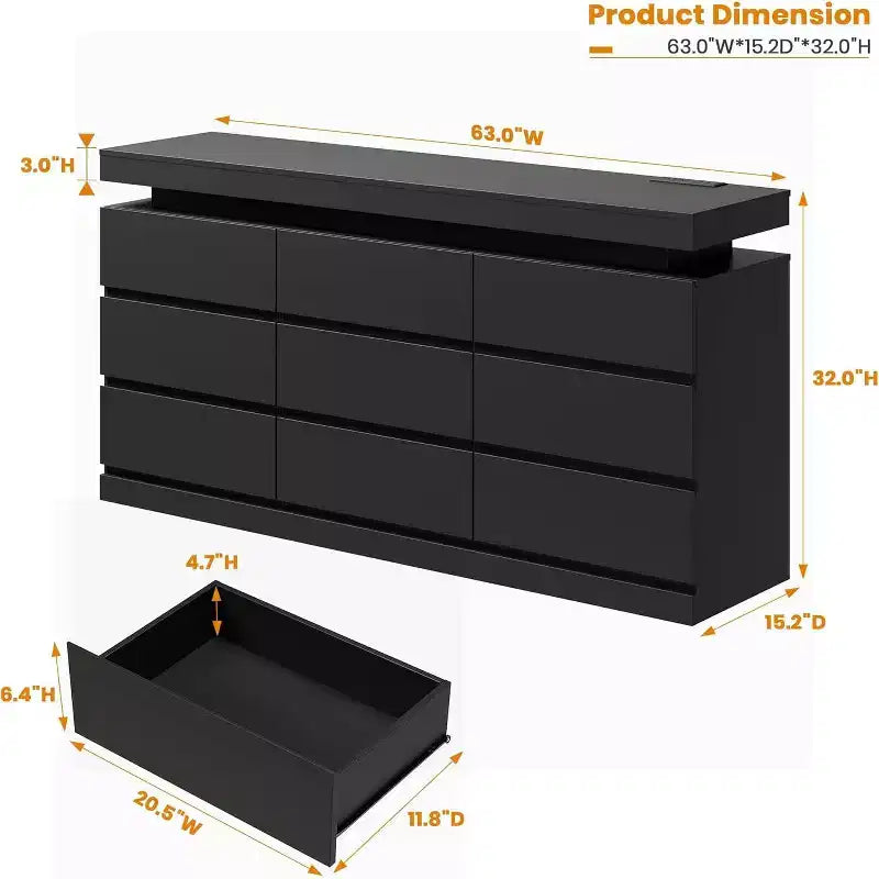 Cassettiera moderna 63" in bianco e nero a 9 cassetti con luci LED e stazione di ricarica